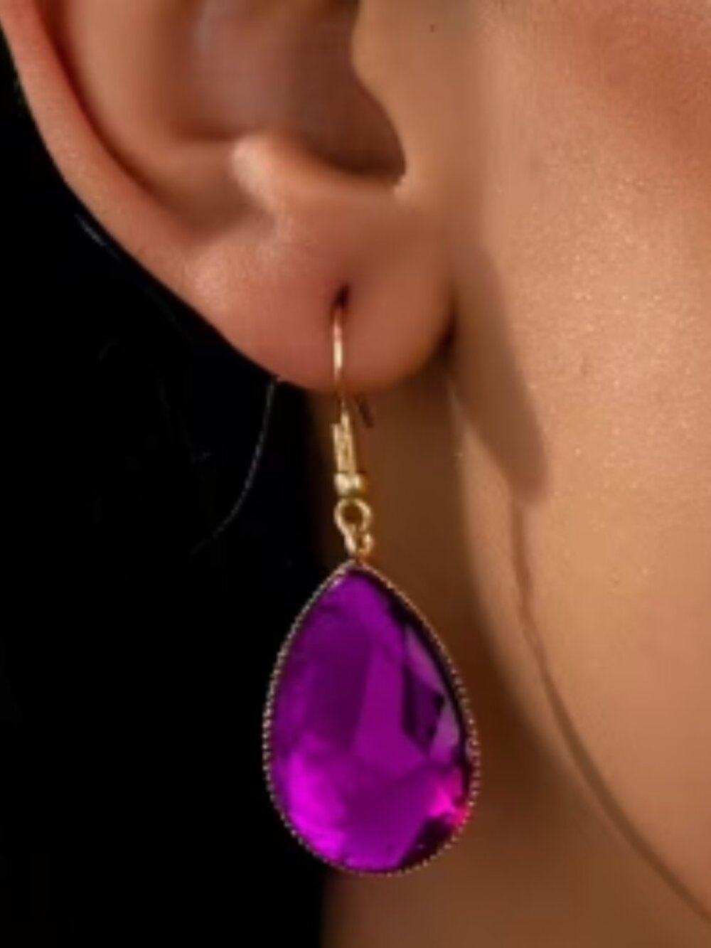 Amethyst Tear Drop Gold Dangle Earrings, Beautiful Costume Jewelry At It's Best!